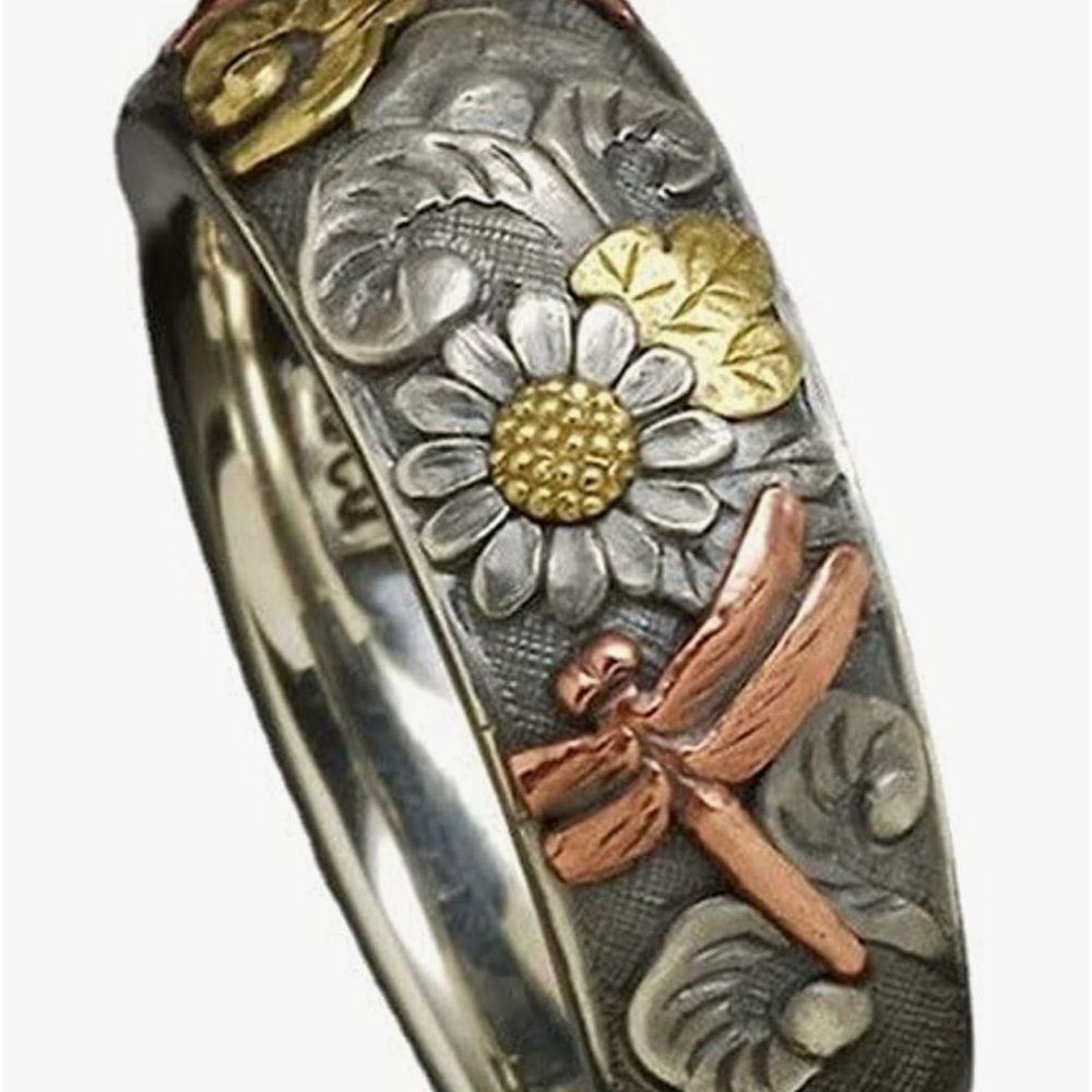 Vintage S925 750 Sterling Silver Rose Gold Carved Dragonfly Sunflower Ring - Picture 12 of 16